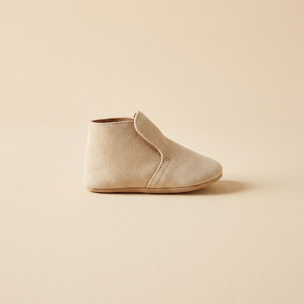 A Littlestride first walker shoe in oatmeal suede, used to check fit and growing room