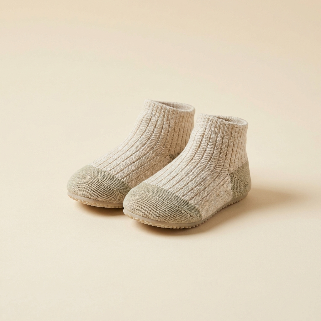 Littlestride knitted sock shoes in oatmeal, suited to crawling and newly walking children