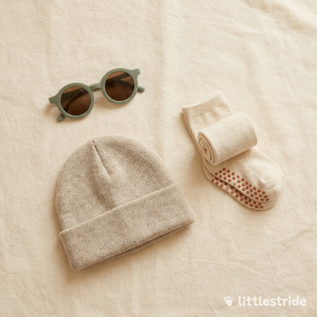 Littlestride kids' accessories flat lay: sage sunglasses, oatmeal hat and grip socks