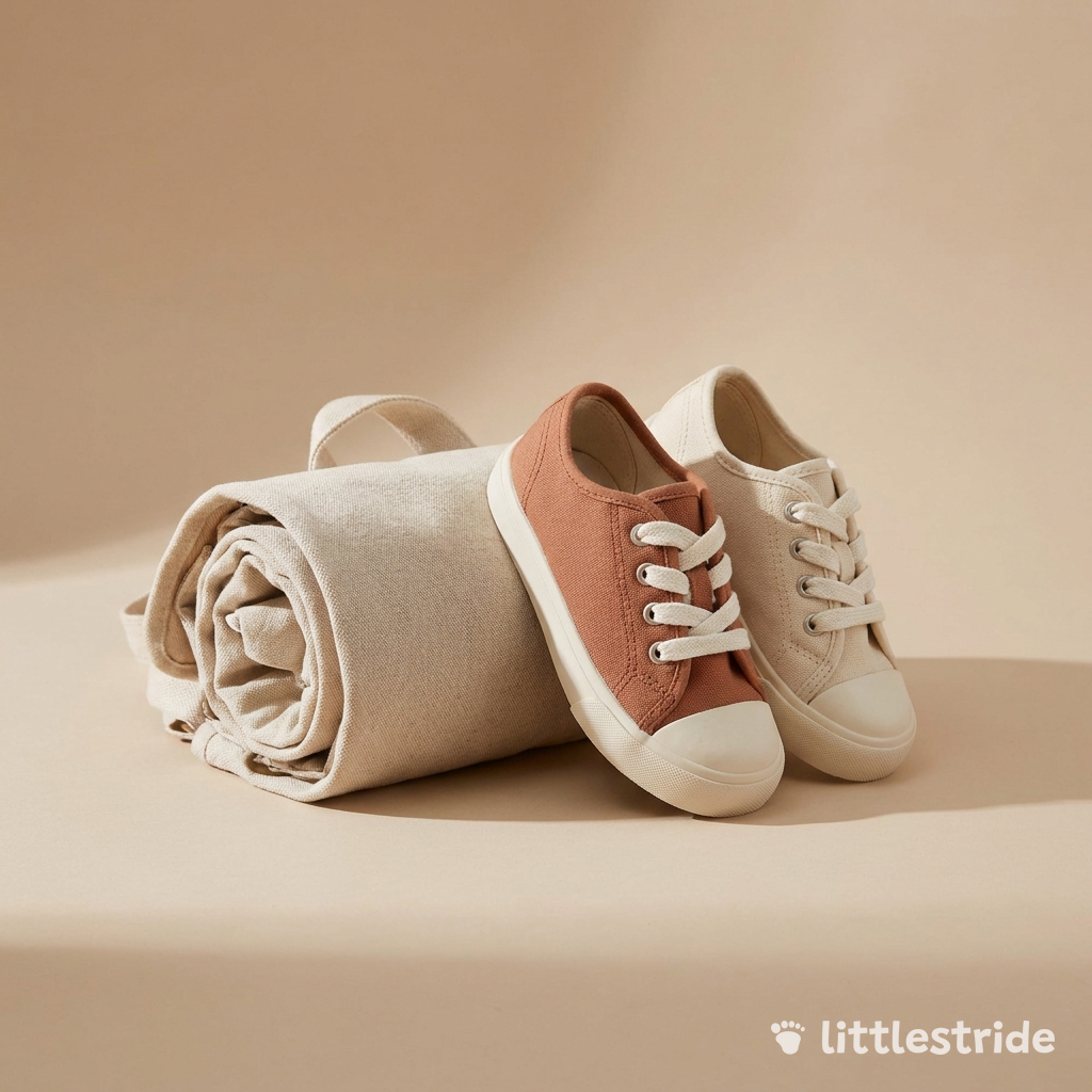 Littlestride kids' lace-up sneakers beside a rolled blanket, cream studio backdrop