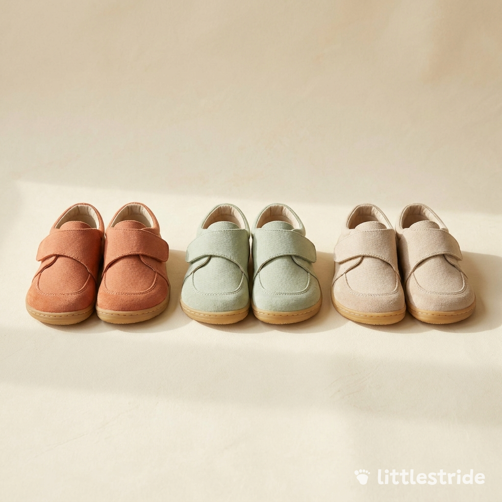 Three pairs of Littlestride barefoot shoes in clay, sage and oatmeal on a cream backdrop