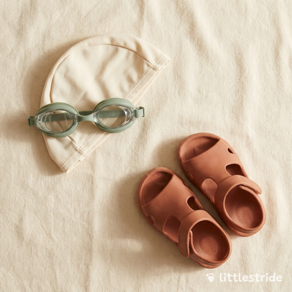 Littlestride summer and swim flat lay: sage goggles, cream swim cap and clay sandals
