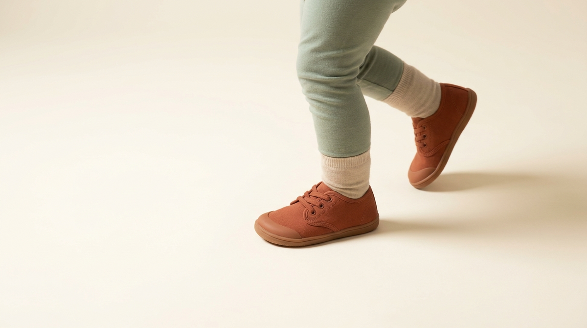 Toddler mid-stride in Littlestride terracotta barefoot sneakers on a cream studio backdrop