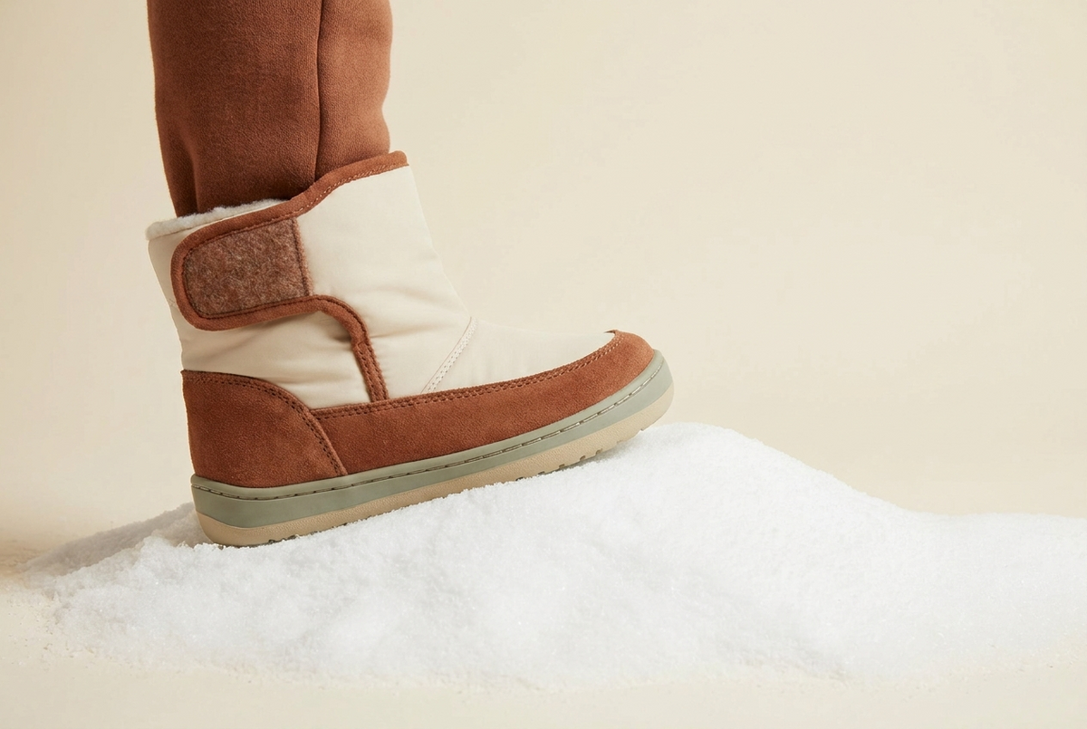 Littlestride child's winter boot standing in snow against a cream studio backdrop