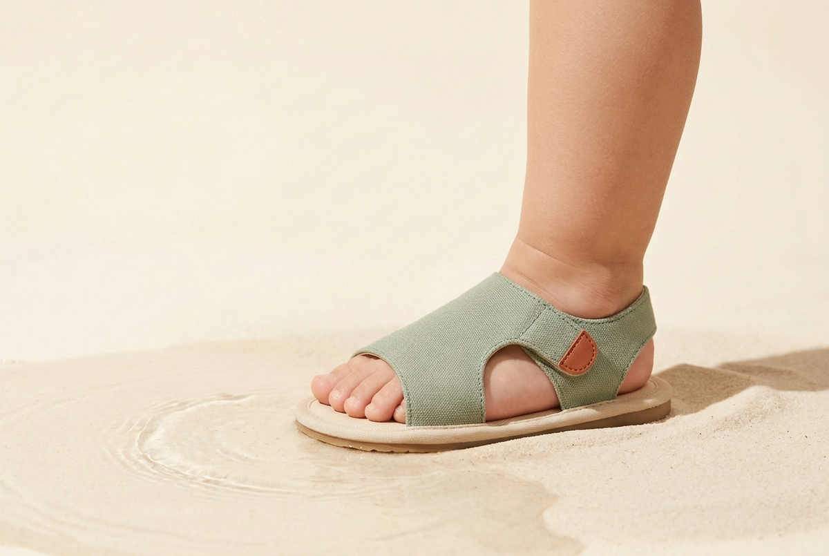 Toddler in a Littlestride sage sandal at the water's edge on a cream studio backdrop